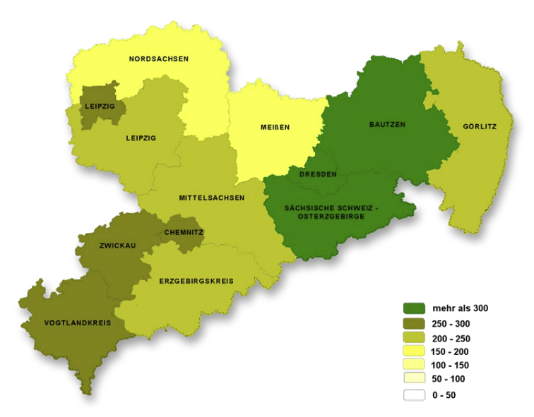 Karte des Rechtsextremistischen Personenpotenzials in den Landkreisen und kreisfreien Städten in absoluten Zahlen