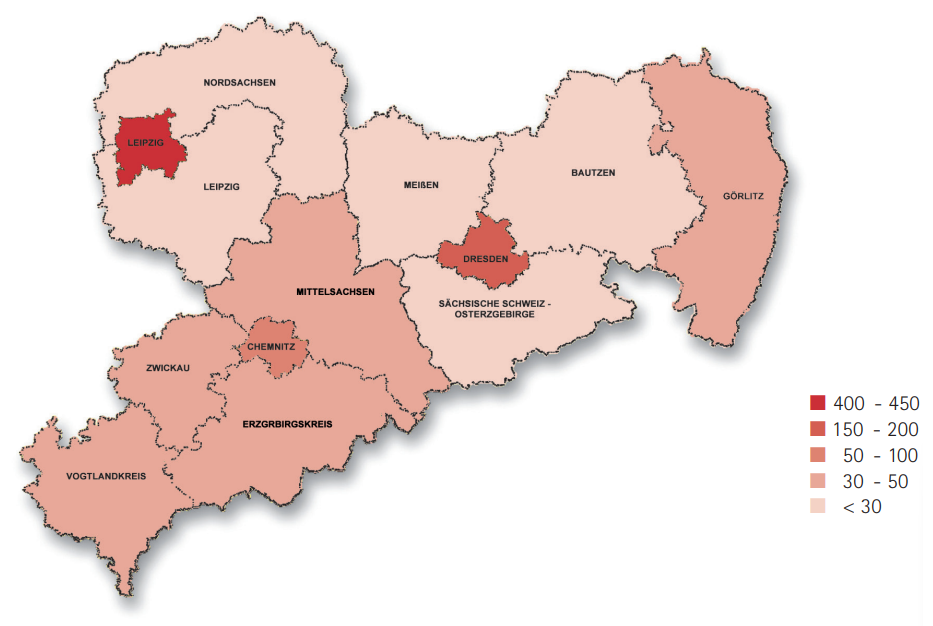 Linksextremistisches Personenpotenzial in den Landkreisen und kreisfreien Städten in absoluten Zahlen