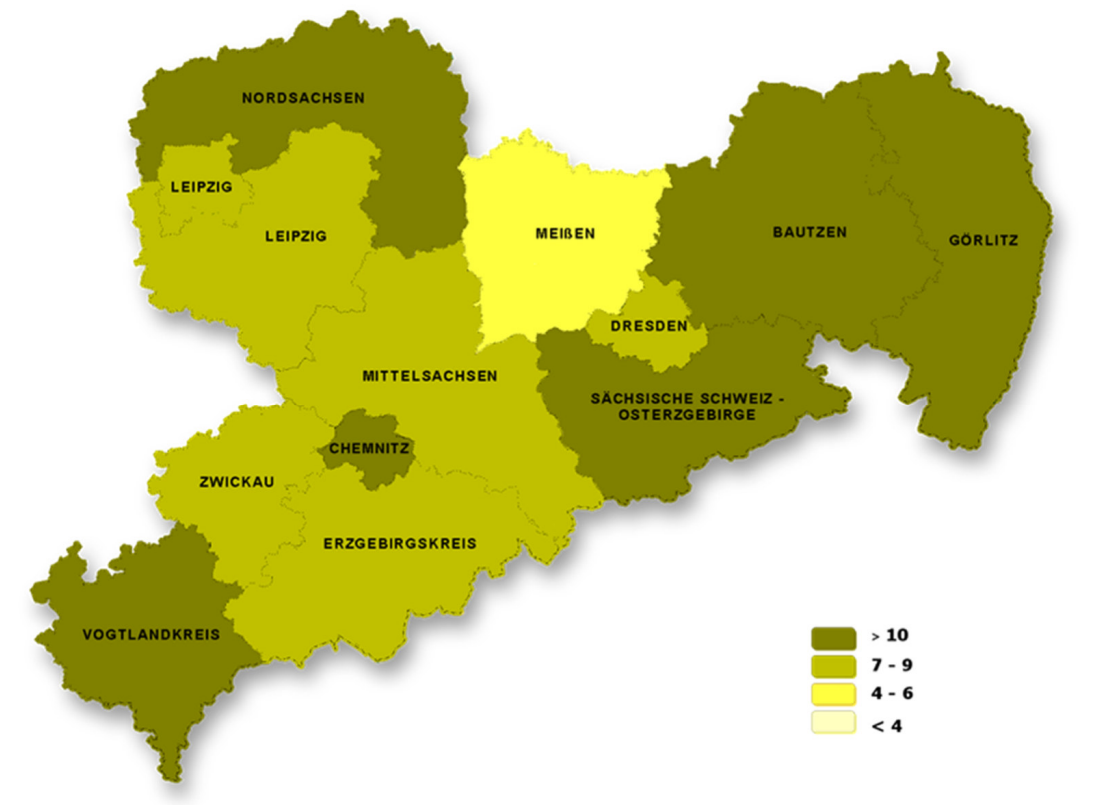 Karte des rechtsextremistischen Personenpotenzials in den Landkreisen und kreisfreien Städten je 10.000 Einwohner